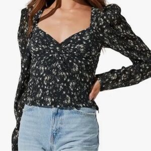 NWT ASTR the label long sleeve semi sheer blouse, sweetheart neckline.